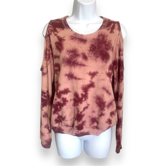 Sky & Sparrow Cold Shoulder Tie-Dye Sweatshirt Maroon Pink Pullover 50% Cotton - Picture 3 of 9